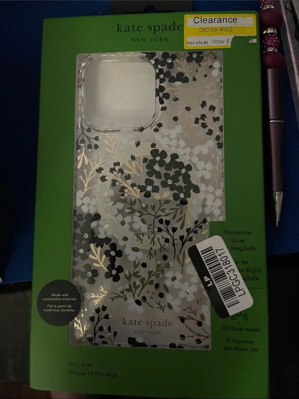 kate spade Clear Floral iPhone 14 Pro Max Case with Gold Foil & Black Flowers